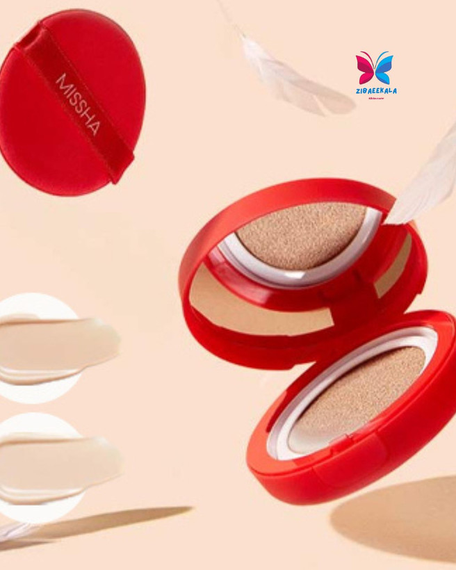 کوشن آرایشی میشا مدل Velvet Finish - ترکیب کرمپودر و ضدآفتاب با جلوه طبیعی، کنترل چربی و رطوبترسانی عمیق