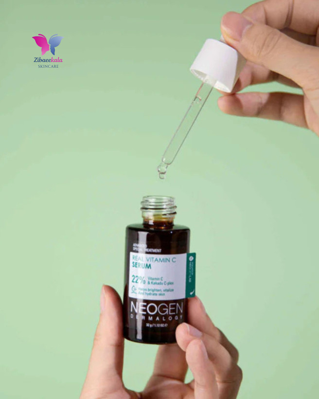 تصویر محصول NEOGEN Real Vita C Serum با بستهبندی کوچک و زردرنگ، حاوی ویتامین C پایدار