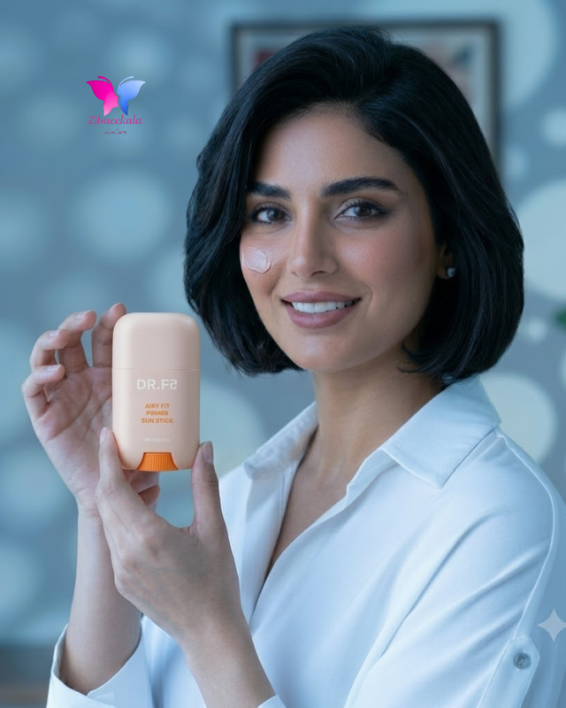 نمای نزدیک استیک ضد آفتاب و پرایمر DR.F5 Airy Fit روی سنگ معدنی در زیبایی کالا