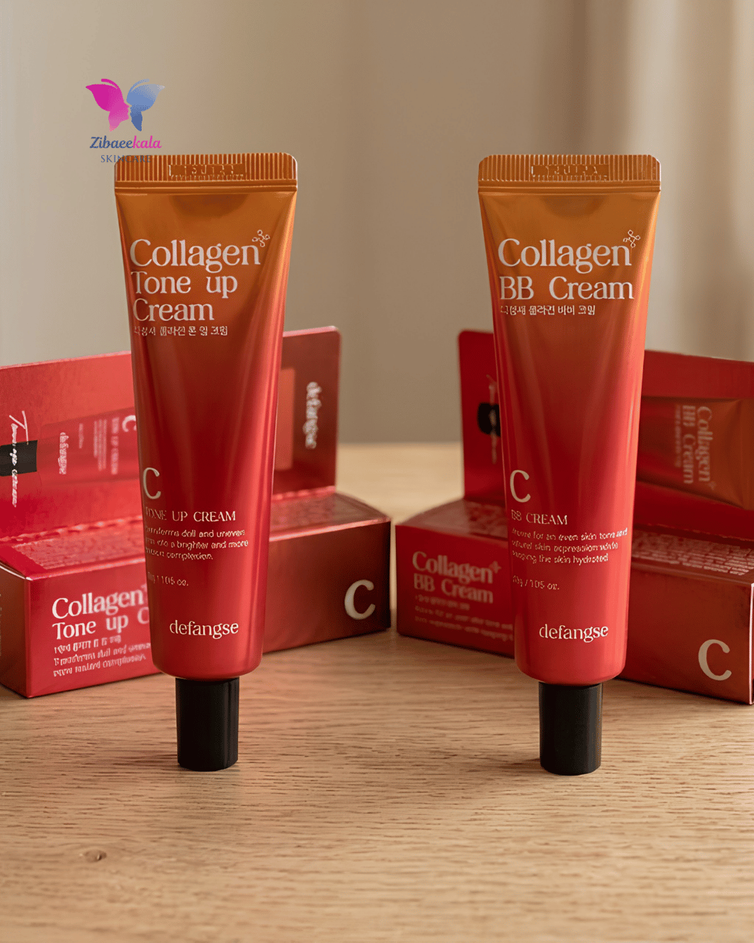 تیوپ قرمز و نارنجی کرم روشنکننده و اصلاحکننده رنگ پوست برند Defangse با نام Collagen Tone Up Cream در پسزمینه سفید